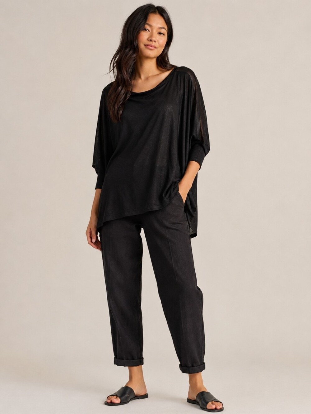 ❤️ EILEEN FISHER SILK BLEND WIDE NECK OVERSIZED DRAPEY BLACK DOLMAN TOP, XS